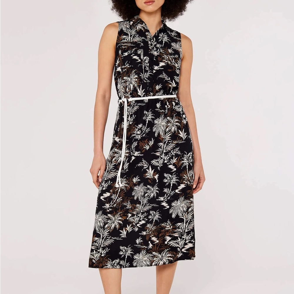 APRICOT Black and White Palm Print Midi Dress